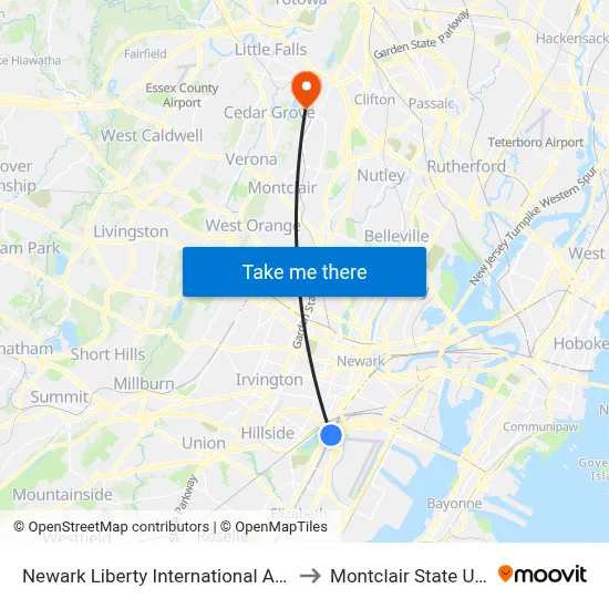 Newark Liberty International Airport Station to Montclair State University map