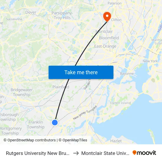 Rutgers University New Brunswick to Montclair State University map