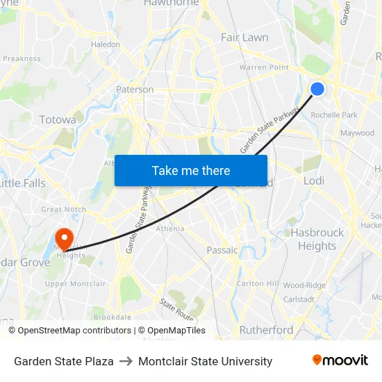 Garden State Plaza to Montclair State University map