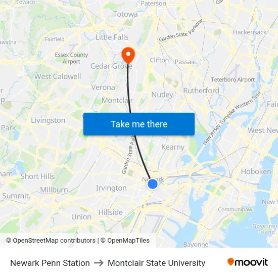 Newark Penn Station to Montclair State University map