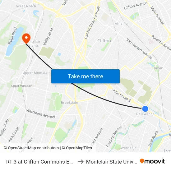 RT 3 at Clifton Commons Entrance to Montclair State University map