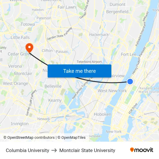 Columbia University to Montclair State University map