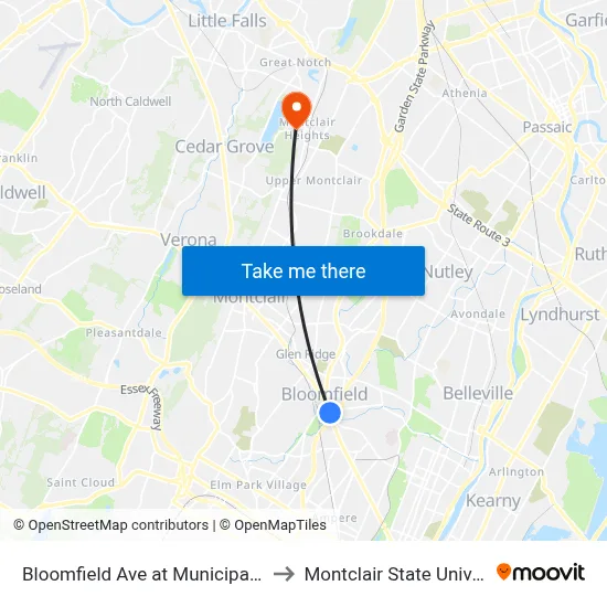 Bloomfield Ave at Municipal Plaza to Montclair State University map