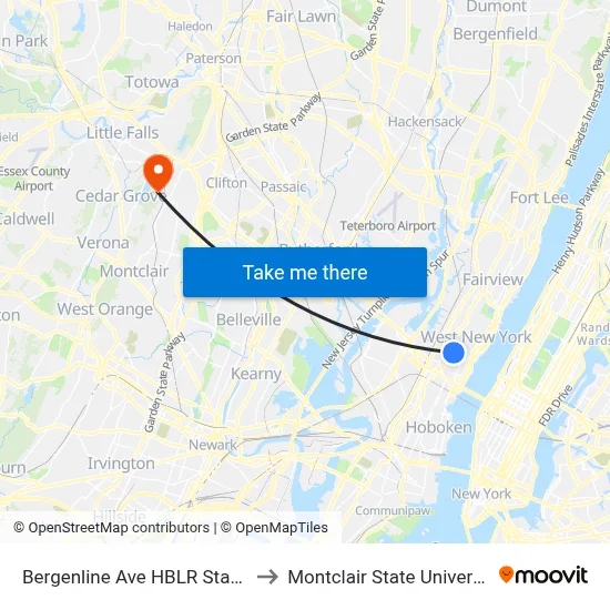 Bergenline Ave HBLR Station to Montclair State University map