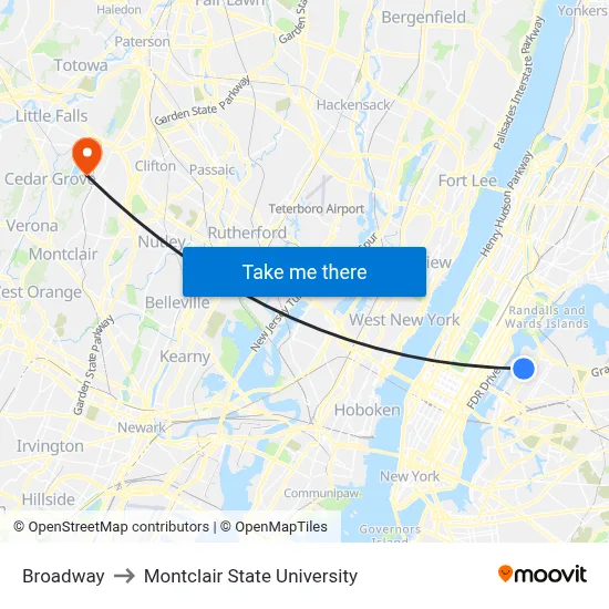 Broadway to Montclair State University map