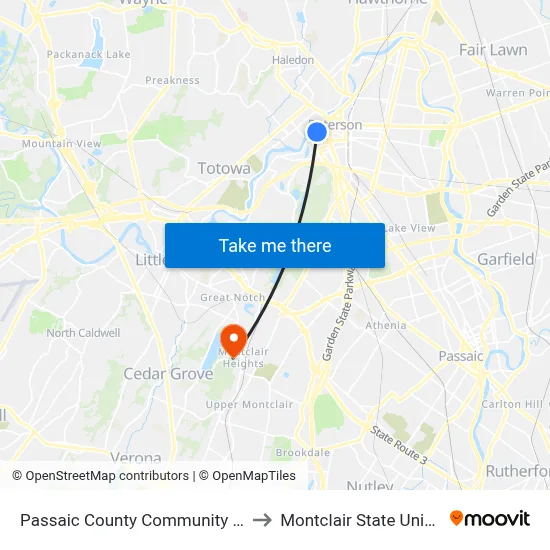 Passaic County Community College to Montclair State University map