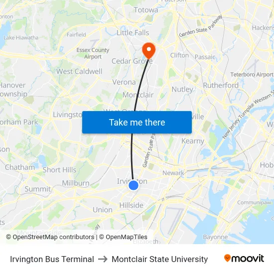 Irvington Bus Terminal to Montclair State University map