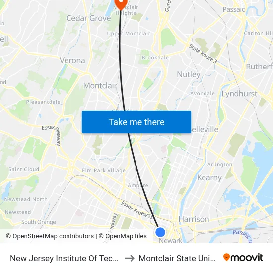 New Jersey Institute Of Technology to Montclair State University map