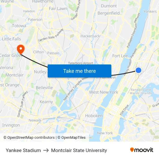 Yankee Stadium to Montclair State University map
