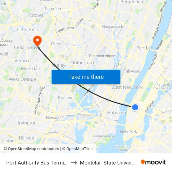 Port Authority Bus Terminal to Montclair State University map