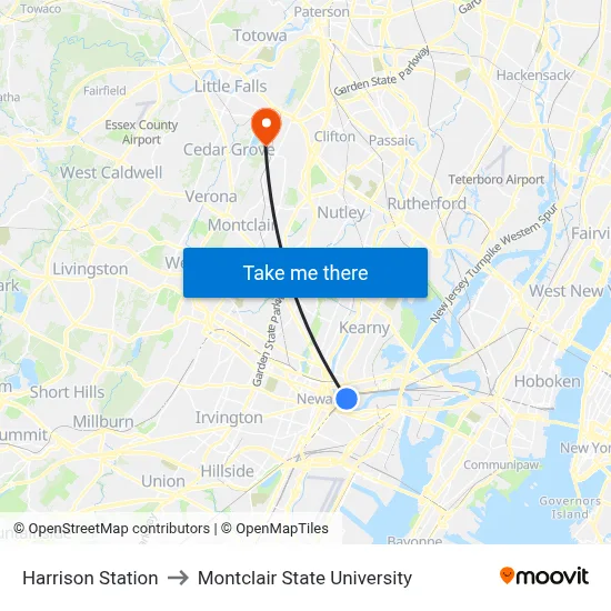 Harrison Station to Montclair State University map