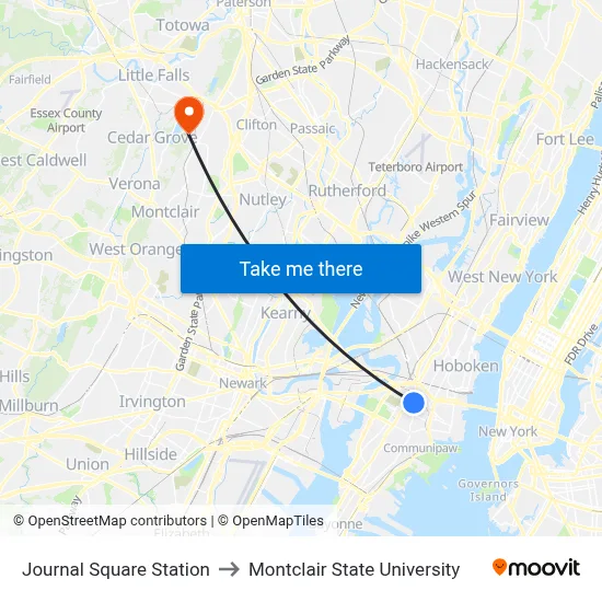 Journal Square Station to Montclair State University map