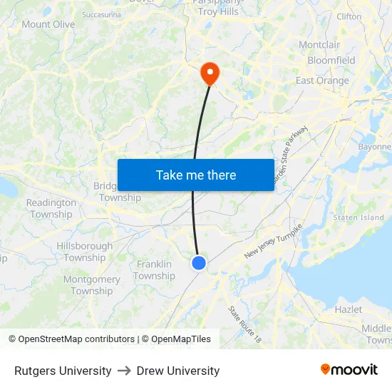 Rutgers University to Drew University map