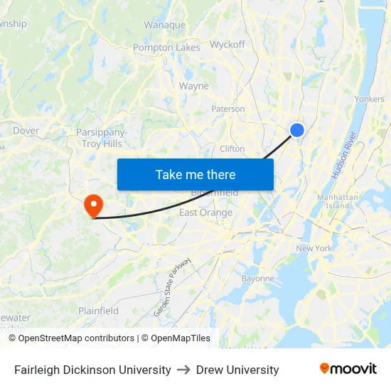 Fairleigh Dickinson University to Drew University map