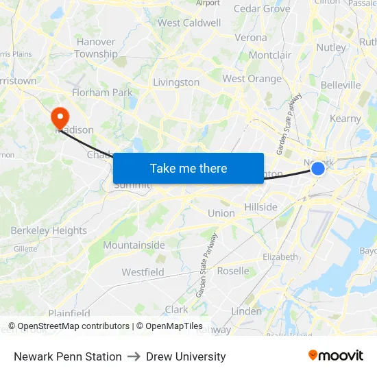 Newark Penn Station to Drew University map