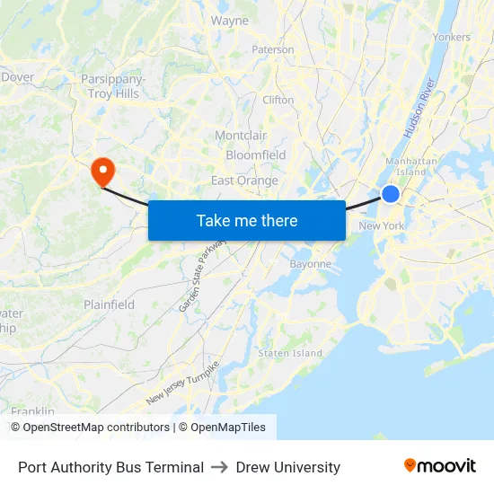 Port Authority Bus Terminal to Drew University map