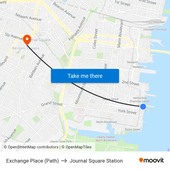 Exchange Place (Path) to Journal Square Station map