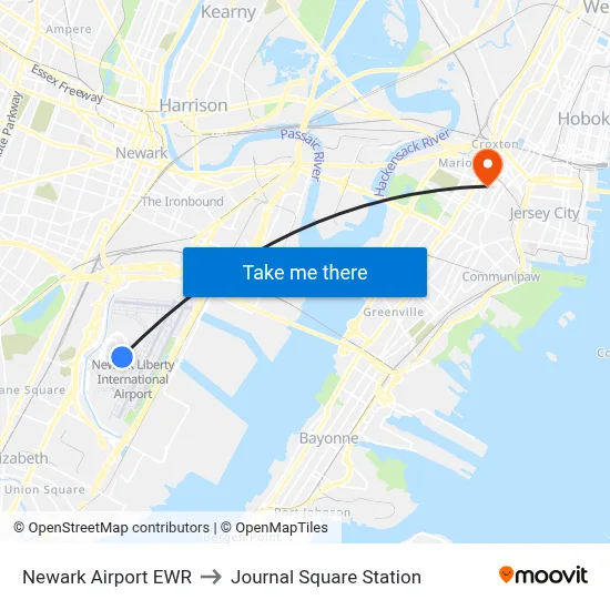 Newark Airport EWR to Journal Square Station map