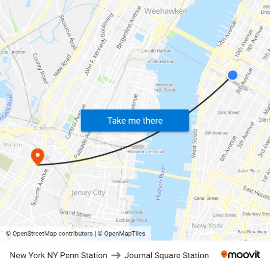 New York NY Penn Station to Journal Square Station map