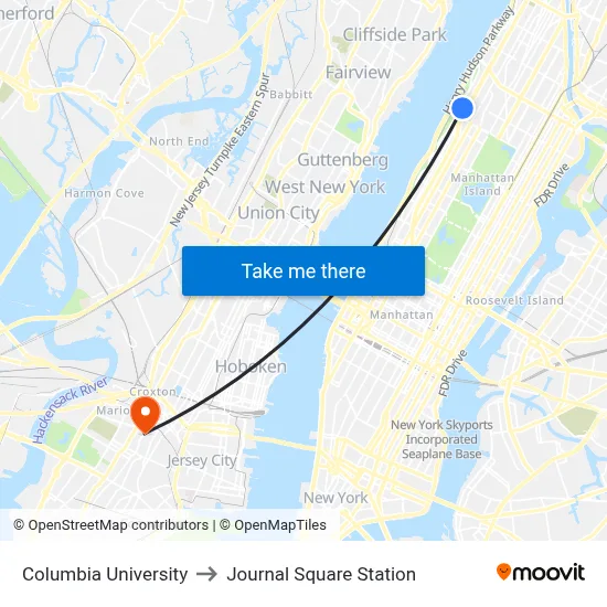 Columbia University to Journal Square Station map