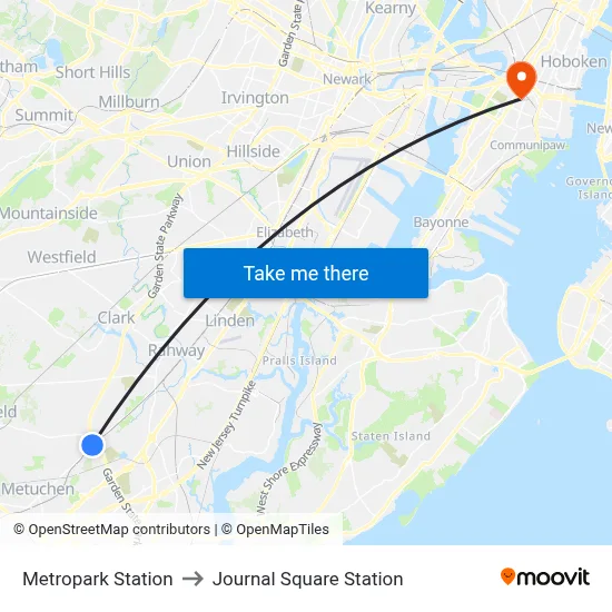 Metropark Station to Journal Square Station map