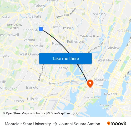Montclair State University to Journal Square Station map