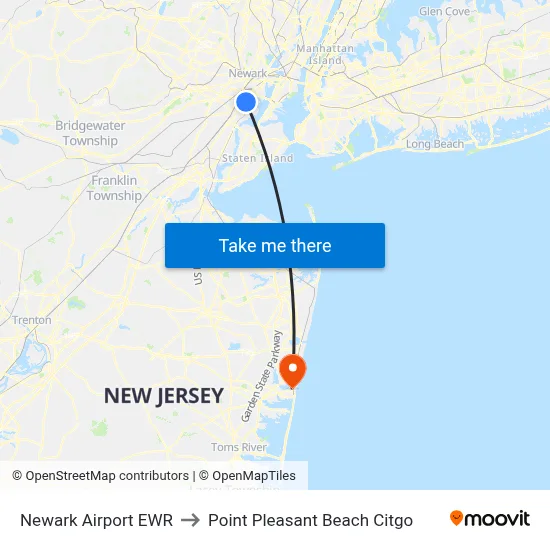 Newark Airport EWR to Point Pleasant Beach Citgo map