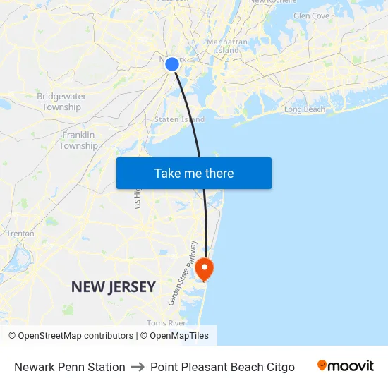 Newark Penn Station to Point Pleasant Beach Citgo map