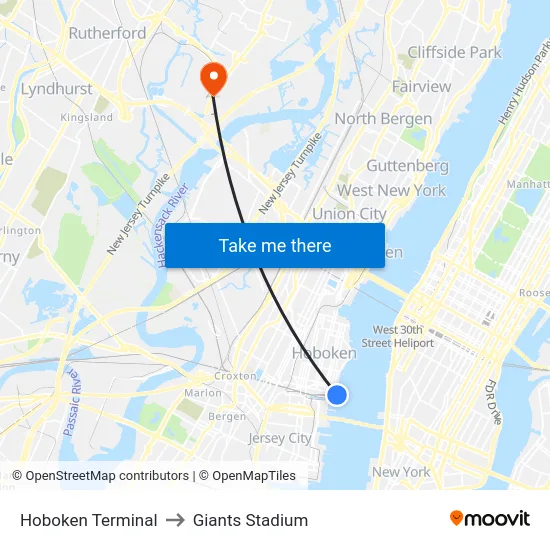 Hoboken Terminal to Giants Stadium map