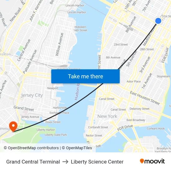 Grand Central Terminal to Liberty Science Center map