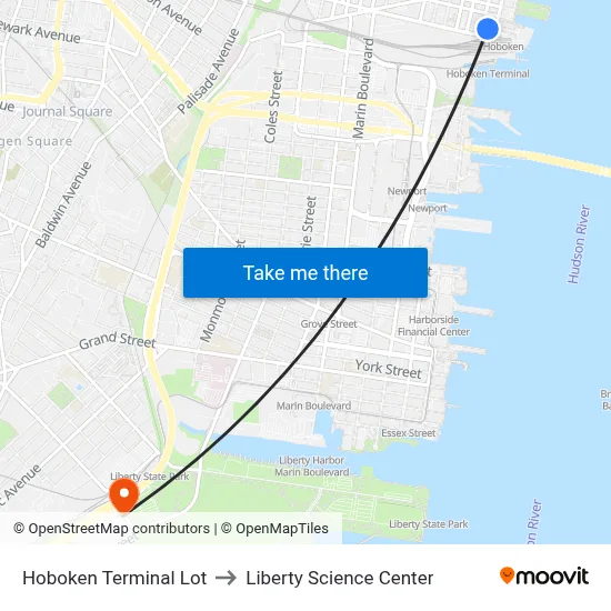 Hoboken Terminal Lot to Liberty Science Center map