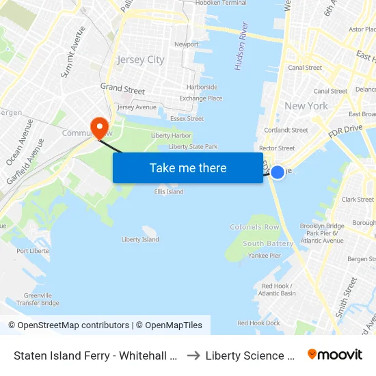 Staten Island Ferry - Whitehall Terminal to Liberty Science Center map