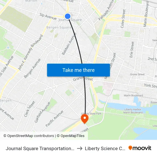 Journal Square Transportation Center to Liberty Science Center map