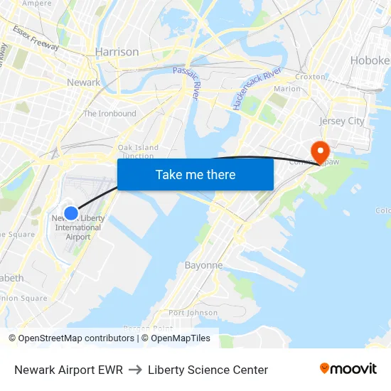 Newark Airport EWR to Liberty Science Center map