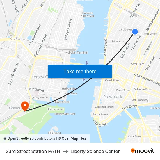 23rd Street Station PATH to Liberty Science Center map