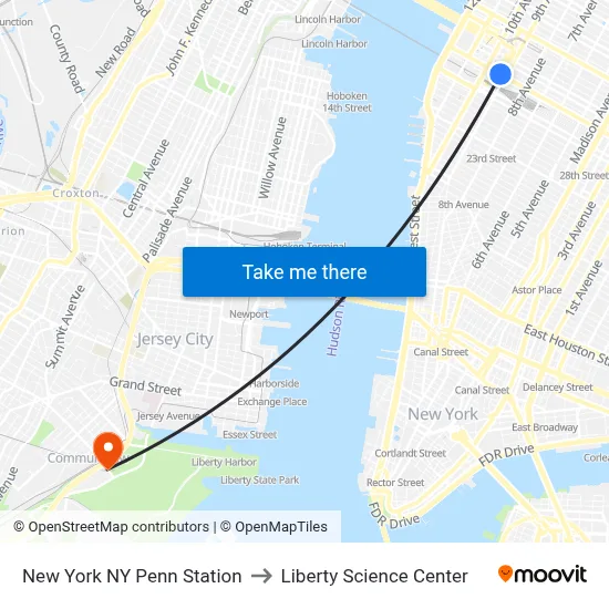 New York NY Penn Station to Liberty Science Center map