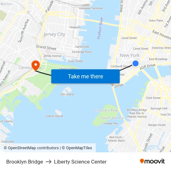 Brooklyn Bridge to Liberty Science Center map