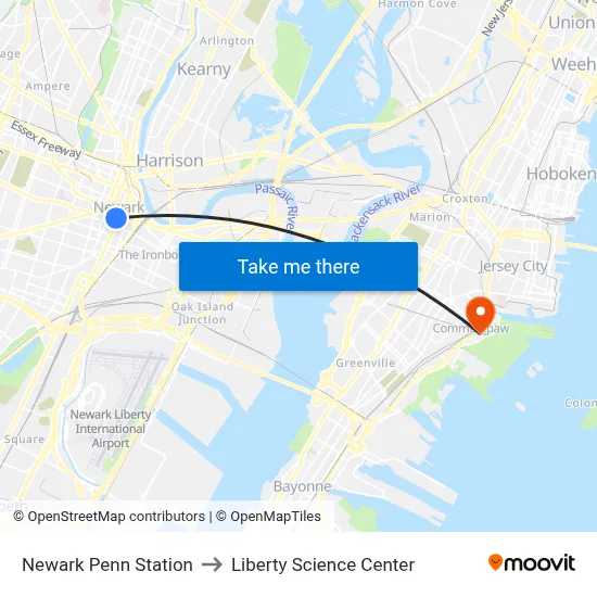 Newark Penn Station to Liberty Science Center map