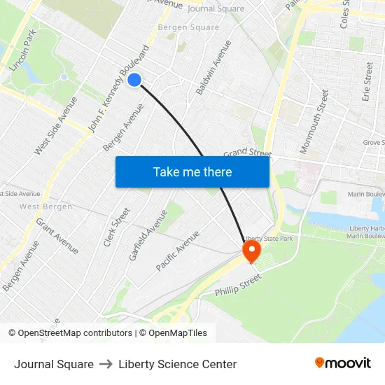 Journal Square to Liberty Science Center map