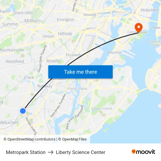 Metropark Station to Liberty Science Center map