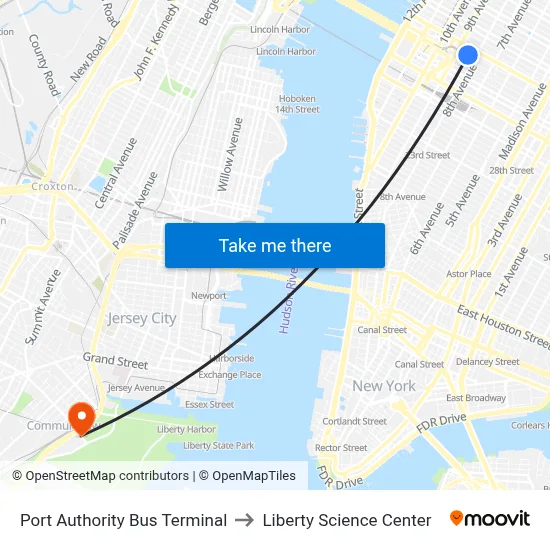 Port Authority Bus Terminal to Liberty Science Center map