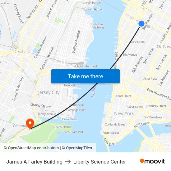 James A Farley Building to Liberty Science Center map