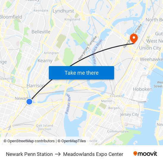 Newark Penn Station to Meadowlands Expo Center map