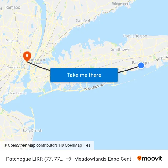 Patchogue LIRR (77, 77y) to Meadowlands Expo Center map