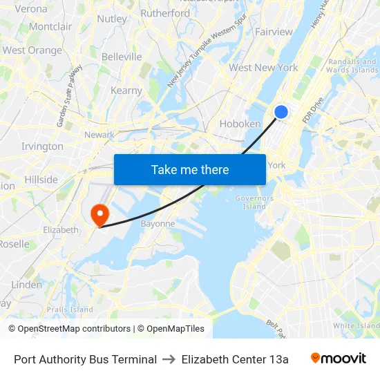 Port Authority Bus Terminal to Elizabeth Center 13a map