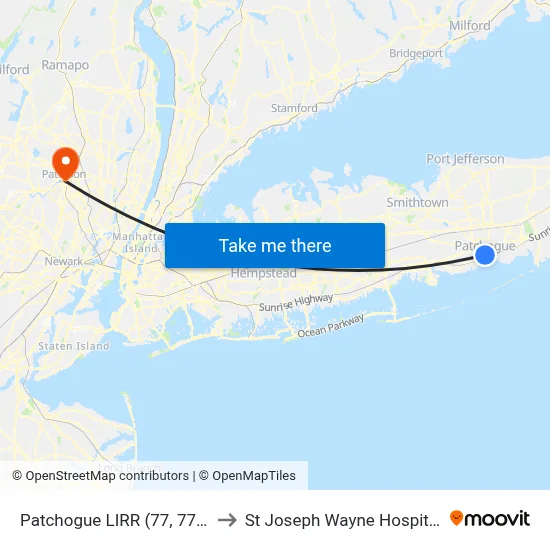 Patchogue LIRR (77, 77y) to St Joseph Wayne Hospital map