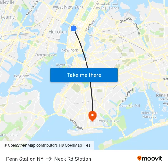 Penn Station NY to Neck Rd Station map