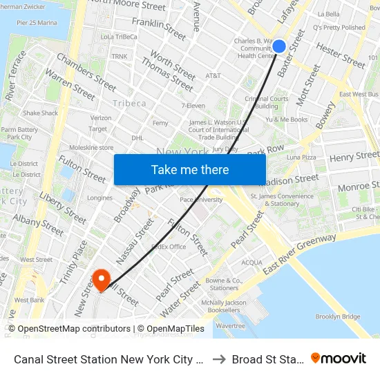 Canal Street Station New York City Subway to Broad St Station map