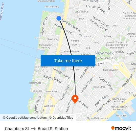 Chambers St to Broad St Station map