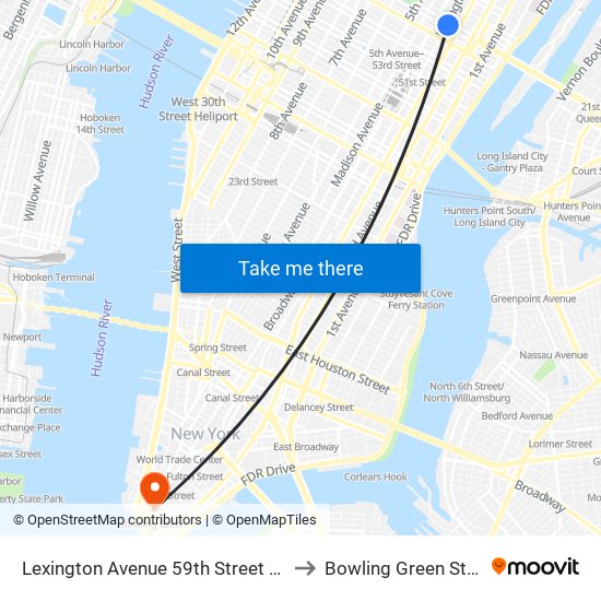 Lexington Avenue 59th Street Station to Bowling Green Station map